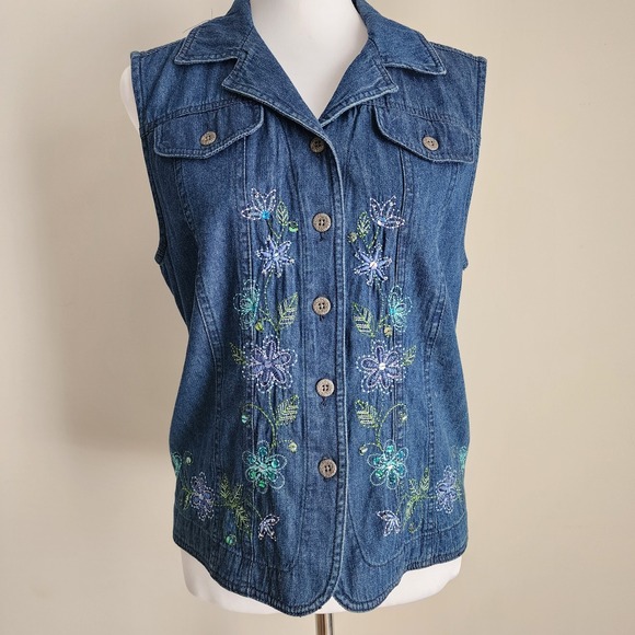 Vintage Alfred Dunner‎ Denim Vest Womens 12P Embroidered Flowers 80s Jean Jacket - Picture 1 of 13